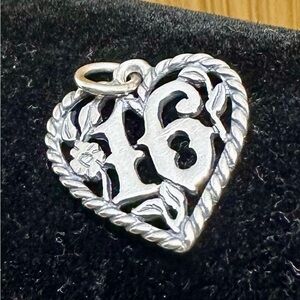JAMES AVERY Sterling Silver Sweet 16 Heart Flower Leaves Charm Pendant; RETIRED